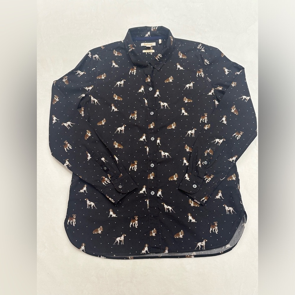 Barbour Women Button Down Safari Dog Print Long Sleeve Shirt Size 6